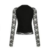 MQTIME  -  Women's Gothic Solid Color Lace Tops Long Sleeve Sexy V Neck Tie-up Front Slim Fit T-Shirts Blouses Club Streetwear