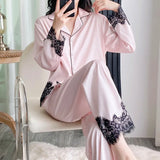  MQTIME  -  Elegant Fashion Lace Splicing Women's Pajamas New Loose Lapel Single Breasted Long Sleeve Tops Pants Temperament Female 2Pcs Set