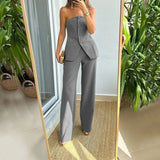 MQTIME  -  2024 One Shoulder Button Blouse Tops&Straight Trouser Two Piece Office Suit Fashion Cocktail Beautiful Outfit Women Solid Set