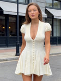 MQTIME  -  Women Solid Polka Dot Mini Dress Deep V Neck Puff Sleeve Pleated Front Button A-line Short Dresses Elegant Party Lady Gown