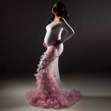 MQTIME  -  Romantic Pink Petals Maternity Dress Photoshoot Off Shoulder White Pregnancy Dress