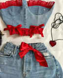 MQTIME  -  Y2K Knitted Splicing Short Skirt Two Piece Set Women Knitted Long Sleeved Sweater Cute Bow Mini Pleated Skirt Autumn Winter Suit