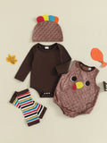 MQTIME  -  Thanksgiving Baby Outfit Set with Solid Long Sleeve Romper Turkey Sleeveless Bodysuit Striped Leg Warmers and Hat - 4 Piece