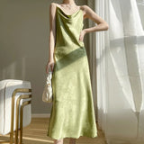 MQTIME  -  French Satin Slip Dress, Women's Summer Sense of Luxury, Triple Acetate Jacquard Swing Neck Thin Temperament