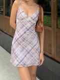 MQTIME  -  Y2k Plaid Gauze V Neck Spaghetti Strap Sexy Backless Patchwork Short Women's Dress