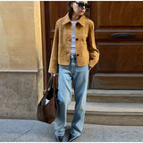 MQTIME  -  Casual Suede Brown Short Jacket Women Retro Solid Loose Single-breasted Full Sleeve Female Coat Chic High Street Lady Outerwears