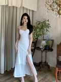 MQTIME  -  Elegant Sheer Mesh Sexy Maxi Dress For Women White See Through Spaghetti Strap Sleeveless Thigh High Split Long Dress