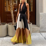 MQTIME  -  Trendy Halter Dress For Women Sexy Deep V Sleeveless Backless Tie-up Dress 2025 Summer Color Blocked Off Shoulder Evening Dress