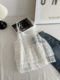  MQTIME  -  Sweet Flower Hollow Out Gauze Solid Sheer Loose All Match Summer Tanks