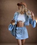 MQTIME  - Fashion Casual Skirt Suit 2024 Summer New Blue Bell Sleeve Shirt Tops with Lace-up Mini Skirt Sexy Two Piece Set Women