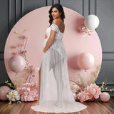  MQTIME  -  Maternity Summer Lace Off-Shoulder Bodysuit for Photoshoot with Tulle Long Sides Slit Tail Women