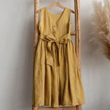 MQTIME  -  Vintage Cotton Linen Girls Sleeveless Dress Chic Open Back Buttons Bandage Bow Sweet Loose Wending Evening Party Dresses