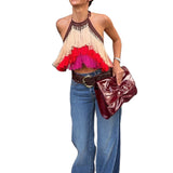 MQTIME  -  Women's Boho Fringe Halter Top Sleeveless Backless Tassel Tank Tops Y2k Sexy Asymmetrical Knit Party Camisole Vest