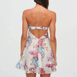 MQTIME  -  Sweet 2025 One Shoulder Mini Ruffles Dress Elegant Summer Floral Print Tie-up Party Dress Simple Women Backless Beach Dress New