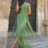 MQTIME  -  Elegant Tassel Splicing Solid Gowns Dress Women Fashion Hight Wasit Sleeveless Long Dress 2025 Sexy Backless Slim Evening Dress