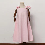 MQTIME  -  Girls Linen Adjustable Ribbon Dress Summer New Children's Casual Loose Cotton And Linen Lovely Pink Dresses With Pockets TZ273