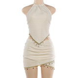 MQTIME  -  Sheel Tassel Vacation Beach 2 Piece Set Women Fashion Lace Up Halter Backless Irregular Tank Tops + Mini Skirts Casual Suits