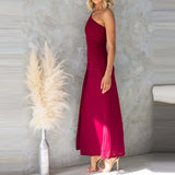 MQTIME  -  Spring Sexy One-shoulder Sleeveless Long Dress Women Elegant Solid Slim Tie-up Evening Dress Summer Backless Hollow Office Dress