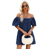 MQTIME  -  Summer New Fashion Square Neck Women Bubble Sleeve Dress Simple Strap Up Elegant Female Denim Short Dresses