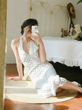 MQTIME  -  Polka Dot Neck Hanging Dress For Women'S Summer New V-Neck Slim Fit, High-End Temperament, Unique Mid Length Skirt