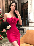 MQTIME  -  Celebrity Heavy Industry Three-dimensional Flower Pleated Streamer Sexy Waist Hip Skirt New Tube Top Dress Women