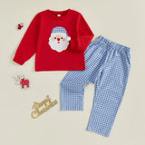 MQTIME  -  Kids Christmas Outfit Santa Claus Printed Long Sleeve Hoodie Top and Plaid Elastic Waist Pants with Pockets 2Pcs Set for