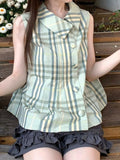  MQTIME  -  Preppy Japanese Turn Down Collar Sleeveless Single Breasted Plaid Women Shirt