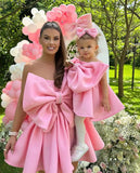 MQTIME  -  Sweety Cute Light Pink Bow Short Women Dresses To Birthday Party Strapless Big Bow A-line Mini Maxi Dress
