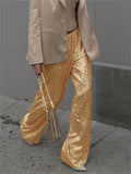  MQTIME  -  Women Sequin Wide Leg Pants Stretchy High Waist Loose Straight Trousers Club Party Elegant Long Pants Streetwear