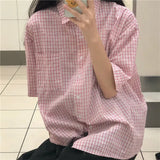 MQTIME   -  women summer casual plaid short sleeve blouse female oversize Japanese sweet botton shirts lady