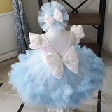 MQTIME  -  Blue Flower Girl Dresses Tulle Sequin With Bow Short Sleeve For Wedding Birthday Party First Communion Gown