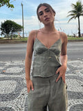 MQTIME  -  Women's 2 Piece Sets Solid V-neck Backless Sleeveless Sling Top Loose Elastic Waist Wide Leg Pants Female Summer Beach Outfits