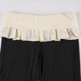 ﻿ MQTIME  -  Autumn Color Patchwork Lapel Waist Ruffles Slim Flare Pants Women Fashion Casual Streetwear Boot Cut Trousers All Matching