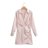 MQTIME  -  Women Long Sleeve Lapel Dress Solid Color Summer Fashion Streetwear Female Pleated Dresses Office Lady Elegant Shirt Dress