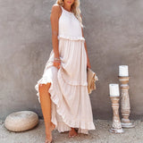 MQTIME  -  Women Boho Solid Color Dress Sleeveless Ruffled Maxi Vestidos Loose Fit Straight Hippie Dresses Layered Princess Robe