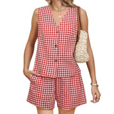MQTIME  -  Stylish Women s 2-Piece Set with Plaid Print V-Neck Tank Top and Elastic Shorts Perfect for Club and Streetwear Fashion