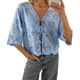 MQTIME  -  Women s Short Sleeve V-Neck Hollow Out Casual Blouse Tie Front Solid Color Loose Fit Summer Top Streetwear Fashion
