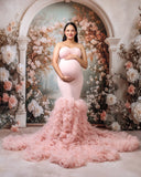 MQTIME  -  Blush Pink Strapless Maternity Photoshoot Dress Custom Bodycon Mermaid Baby Shower Gown Fluffy Ruffle Tulle Pregnancy Dress