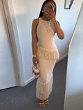 MQTIME  -  Elegant Solid Fringe Women Skirt Suits O-neck Sleeveless Vest High Waist Wrap Hip Skirts 2024 Summer New Fashion Female Sets