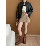 MQTIME  -  Medieval Style Handmade Color Wiped Old Jacket Leather Coat 2024 Spring New Pu Brown Jacket