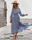 MQTIME  -  Printing Maxi Dress V Neck Bandage Boho Holiday Dress Long-sleeved Belt Lace-up Vestidos Ruffled Beach Dresses