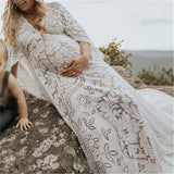 Mqtime Vintage Lace Maternity Dress Boho Batwing Sleeve for Pregnant Long Gown Shooting Photo Photography Props Clothes for Baby Shower