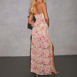 MQTIME  -  Bohemian Off Shoulder High Waist Long Dress Elegant Strapless Split Holiday Dress Fashion Floral Print Folds Women's Party Dress
