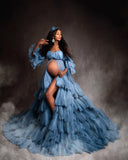 MQTIME  -  Elegant Vestidos De Gala Dusty Blue Maternity Dresses Off Shoulder Photography Props Tiered  Slit Customized Pregnant Gowns
