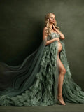 MQTIME  -  Green Maternity Gowns Illusion  Sweetheart Babyshower Dress for Photography  Tiered Appliques Prom Dress PhotoShoot