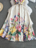 MQTIME  -  Summer New Holiday Beach Dress Women Notched Collar Sleeveless Single Breasted Floral Print Belt Long Boho Female Party Vestido