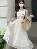 MQTIME  -  Women Dresses Square Collar Bow Bandage Ribbon Puff Short Sleeve Bow Princess Sweet Elegant Female Dress Casual
