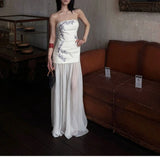MQTIME  -  Gentle Floral Embroidery Strapless Maxi Dress Summer Slim Bodice Women Sheer Patchwork Vacation Wedding Guest Evening Long Dress