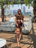MQTIME  -  Women's Mini Dress Two Piece Set O-neck Short Puff Cropped Top High Waist Hip Package Pleated Female Sets Elegant Lady Outfits