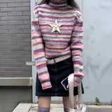 MQTIME  -  Japanese Y2k Turtleneck Sweater Vintage Rainbow Striped Pullover Korean Fashion Knitted Jumper Harajuku Grunge Knitwear